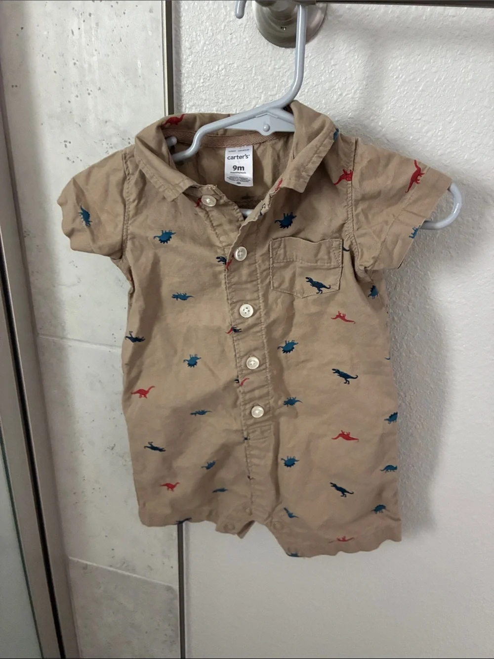 Carter's Tan Short-Sleeve Dino Button Romper with Red & Blue Prints